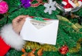 Santa Claus is holding a letter at the North Pole in Lapland - against the background of Christmas trees Royalty Free Stock Photo