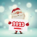 Santa Claus holding a light signboard with loading year 2023, New Year greeting card vector illustration