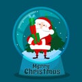 Santa Claus is holding a lot of gifts in his hands. Christmas scene in a glass bowl. Christmas greeting vector card. Royalty Free Stock Photo