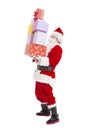 Santa claus holding many gift box