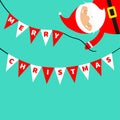 Santa Claus holding Merry Christmas bunting flags letters set. Xmas decoration. Triangle flag garland. Cute cartoon kawaii funny