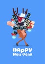 Santa Claus Holding Pile Of Modern Electronics Gadgets On Happy New Year Banner Background