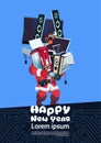 Santa Claus Holding Pile Of Modern Electronics Gadgets On Happy New Year Banner Background