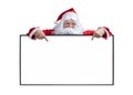 Santa Claus is holding and pointing the white blank sign for seasonal promotion sale and announcement board advertisement isolated Royalty Free Stock Photo