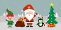 Santa Claus holding a red bag with gifts, a pig in an elf costume, a penguin with a sock , a Christmas tree and a penguin with a Royalty Free Stock Photo