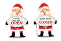 Santa claus holding sign Sorry we are closed and Welcome we are open for restaurant, food shop, coffee shop