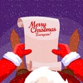 Santa Claus holds a scroll parchment in his hands, read a letter Christmas wish list Royalty Free Stock Photo