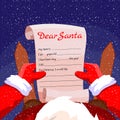 Santa Claus holds a scroll parchment in his hands, read a letter Christmas wish list Royalty Free Stock Photo