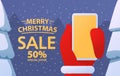 Santa Claus holds smartphone Christmas sale discounts. Winter festive banner concept.