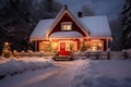 Santa Claus home exterior in snowy night forest. Generative AI Royalty Free Stock Photo