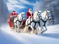 Santa Claus on horses in a hurry for Christmas and New Year.