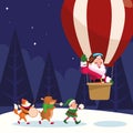 Santa claus in a hot air balloon and christmas animals playing musical instruments over winter night background