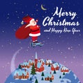 Santa Claus on a hoverboard flies with a bag of gifts around the Earth. Congratulations on a Merry Christmas and Happy