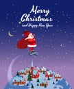 Santa Claus on a hoverboard flies with a bag of gifts around the Earth. Congratulations on a Merry Christmas and Happy