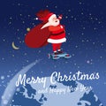 Santa Claus on a hoverboard flies with a bag of gifts around the Earth. Congratulations on a Merry Christmas and Happy