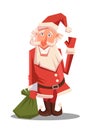 Santa Claus with huge green bag with presents. Red Santa hat. For Christmas and New Year posters. Royalty Free Stock Photo