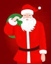 Santa Claus with huge green bag with presents. Vector Illustration of Santa Claus carrying sack full of giftson red background. Royalty Free Stock Photo