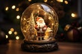 Santa Claus inside a snow globe with Christmas lights in the background. Generative AI Royalty Free Stock Photo