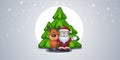 Santa Claus joyous standing and hugging deer in forest against background of three Christmas trees during a snowfall. Royalty Free Stock Photo