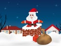 Santa Claus jumping into the chimney and sack full of gifts. Winter night city. Christmas card. Vector Royalty Free Stock Photo