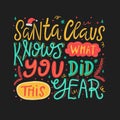 Santa Claus knows what you did this year lettering quote. Hand drawn Christmas typography print.