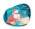 santa claus with laptop. Santa chooses a gift for himself at the computer. Vector illustration isolated on blue bubble