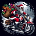 Santa Claus with a large bag of gifts on a motorcycle rides along an illuminated city street