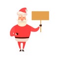 Santa Claus laughing holding an empty board, sign. Character design. Vector illustration on white background. Flat and