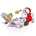 Santa claus and little angel are drinking coffee
