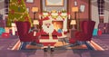 Santa Claus In Living Room Decorated For Christmas And New Year At Armchair Near Pine Tree And Fireplace, Home Interior Royalty Free Stock Photo