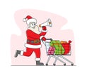 Santa Claus with Loudspeaker Pushing Shopping Trolley Announcing Christmas Sale. Xmas Character in Red Suit Advertising