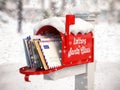 Santa Claus mailbox full of children letters. Christmas and new year winter concept background