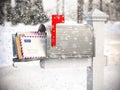 Santa Claus mailbox full of children letters. Christmas and new year winter concept background