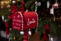 Santa Claus mailbox and gift with bow and ribbons.