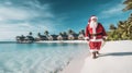 Santa Claus in the Maldives, where there is a quiet and calm lagoon with crystal clear azure water and palm trees. Merry Royalty Free Stock Photo