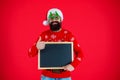 Santa Claus man offer New Year sale. Santa man offer holiday shopping. Xmas advertisement, copy space. Christmas