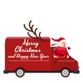 Santa Claus Merry Christmas drives a delivery van. Red delivery truck, side view cartoon style isolated