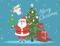 Santa Claus and merry christmas tree, bear and angel cartoon vector illustration card. Christmas santa claus in cartoon