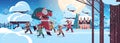 santa claus with mix race elves in night snowy forest happy new year merry christmas holidays celebration concept Royalty Free Stock Photo