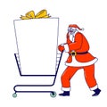 Santa Claus with Mockup. Christmas Character Push Shopping Trolley with Huge Gift and Empty Copy Space for Advertising Royalty Free Stock Photo