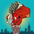 Santa Claus with money climbs into the chimney Royalty Free Stock Photo