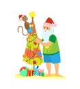 Santa Claus and Monkey Decorating Umbrella Vector
