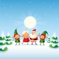 Santa Claus, Mrs Claus and Elves celebrate winter holidays - winter landscape Royalty Free Stock Photo