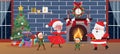 Santa Claus, mrs. Claus, elves dancing indoor next to the fire place and Christmas tree. Royalty Free Stock Photo