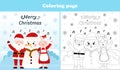 Santa Claus and Mrs Claus, snowman are singing carols coloring page for kids, printable worksheet for christmas