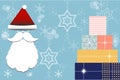 Santa Claus mustache and red hat with snow and gift on blue background vector