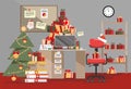 Santa Claus office with mountain of gifts. Piles of present boxes with ribbons and Stack of documents lie on table, floor, shelf. Royalty Free Stock Photo