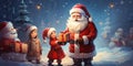 Santa Claus party with children and a snowman on Christmas day outside filled with snow and gift boxes by Generative AI Royalty Free Stock Photo