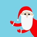 Santa Claus peeking. Pointing hand. Merry Christmas. Red hat, costume, beard. Cute cartoon kawaii funny baby character. New Year. Royalty Free Stock Photo