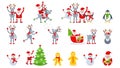Santa Claus, penguin and snowman on a reindeer harness. Sled with gifts Royalty Free Stock Photo